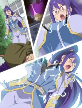 1girl :o black_bra bra breasts cleavage closed_eyes electricity glasses gloves hair_between_eyes high_ponytail highres jacket jo_aysel large_breasts legs long_hair looking_down lying makino_tomoyasu open_mouth outdoors ponytail purple_hair red_eyes sequential simple_background standing surprised thighs torn_clothes tree underwear zoids zoids_wild zoids_wild_zero