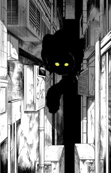 absurdres alley ano_amesuke crosshatching greyscale hatching_(texture) highres monochrome monster no_humans original spot_color yellow_eyes