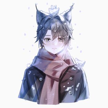 Rule 34 | 1boy, aged down, animal ears, arknights, black jacket, brown hair, buttons, cat ears, commentary, cropped torso, double-breasted, extra ears, grey eyes, jacket, kiri (pyonta), light smile, looking at viewer, male focus, mini snowman, phantom (arknights), red scarf, scarf, short hair, simple background, snow on head, snowing, snowman on head, solo, untranslatable commentary, white background