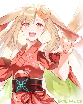 1girl animal_ears bare_shoulders blonde_hair blush bow cherry_blossom_print cho_kaguya-hime! clothing_cutout commentary_request crescent crescent_hair_ornament floral_print gesture hair_ornament hamu_(rz_1023) hand_up highres japanese_clothes kaguya_(cho_kaguya-hime!) kimono long_hair looking_at_viewer open_mouth orange_eyes pink_kimono rabbit_ears red_bow shoulder_cutout straight_hair tearing_up upper_body white_background