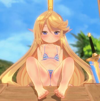 1girl 3d animated animated_gif arm_support barefoot bikini blue_bikini blue_eyes blush brown_hair bush chair charlotta_(granblue_fantasy) cloud collarbone custom_maid_3d_2 eguze_(sho1013) granblue_fantasy harvin loli long_hair looking_at_viewer micro_bikini midget navel palm_tree petite pointy_ears pussy see-through_clothes see-through_bikini sitting sky smile striped_bikini striped_clothes swimsuit sword tree weapon
