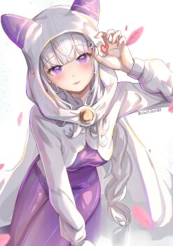 1girl absurdres animal_hood bodysuit braid breasts cloak commentary_request emilia_(re:zero) grey_hair highres hood hooded_cloak justjast long_hair long_sleeves looking_at_viewer official_alternate_costume purple_bodysuit purple_eyes re:zero_kara_hajimeru_isekai_seikatsu smile solo white_background