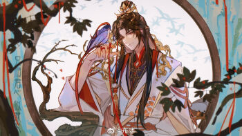 Rule 34 | 1boy, absurdres, bird, bird on hand, bird request, black shirt, blurry, branch, bubing, chinese clothes, chinese commentary, commentary request, curtained hair, day, depth of field, hand up, hanfu, highres, indoors, light particles, long hair, long sleeves, looking at viewer, male focus, mandarin collar, parted bangs, red ribbon, ribbon, robe, round window, sash, shirt, shoulder guard, solo, string around finger, topknot, two-sided sleeves, upper body, waist sash, watermark, weibo watermark, white hanfu, white robe, wide sleeves, window, xiao guan (headdress), yao guang lu, yellow eyes