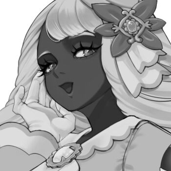 1girl az47266321 brooch dark-skinned_female dark_skin eyelashes fascinator greyscale half-closed_eyes hand_up jacinthe_(pokemon) jewelry long_hair looking_at_viewer looking_down low_drills monochrome nintendo open_mouth pokemon pokemon_legends:_z-a portrait solo very_dark_skin