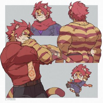 1boy back bara belt border closed_mouth commentary cyp1a2 furry furry_male highres kicking lion_boy male_focus multiple_views necktie nomad_(housamo) red_eyes red_hair red_scarf red_shirt scarf shirt short_hair symbol-only_commentary tiger_boy tokyo_houkago_summoners topless_male white_border yellow_necktie