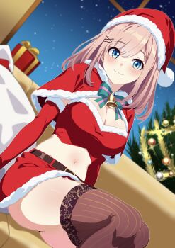 1girl :3 absurdres bell black_panties blue_eyes blush bow bowtie box breasts brown_hair brown_thighhighs capelet christmas_tree cleavage closed_mouth couch crop_top dutch_angle elbow_gloves fur-trimmed_capelet fur-trimmed_headwear fur-trimmed_skirt fur_trim gift gift_box gloves green_bow green_bowtie hair_ornament hairclip hat highres indoors large_breasts long_hair medium_hair miniskirt navel neck_bell nijisanji oji_(drawingchinchin) on_couch panties red_capelet red_gloves red_hat red_skirt sack santa_costume santa_hat sitting skirt smile solo striped_clothes striped_thighhighs suzuhara_lulu thighhighs underwear vertical-striped_clothes vertical-striped_thighhighs window x_hair_ornament