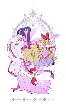 Rule 34 | 1boy, 1girl, absurdres, blonde hair, blunt bangs, bow, clown drop, dress, facebook username, flower, fujisaki nadeshiko, full body, hair bow, hair flower, hair ornament, high ponytail, highres, holding, japanese clothes, kimono, long hair, mashiro rima, pink dress, pointy shoes, ponytail, shoes, shugo chara!, sparkle, twitter username, wide sleeves, yellow eyes, yuzikoz mega