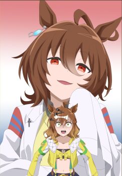 2girls absurdres agnes_tachyon_(tach-nology)_(umamusume) agnes_tachyon_(umamusume) ahoge animal_ears bandeau chemical_structure coat commentary_request constricted_pupils crossed_bangs doujinshi_cover_trope_(trend) ear_ornament earrings gradient_background hair_between_eyes hair_ornament hairclip head_tilt highres horse_ears horse_girl jacket jewelry jungle_pocket_(champion&#039;s_battle_cry)_(umamusume) jungle_pocket_(umamusume) lab_coat multiple_girls navel notched_ear open_clothes open_coat open_jacket open_mouth pota_suko projected_inset red_eyes sleeves_past_fingers sleeves_past_wrists smile stomach suspenders sweater umamusume upper_body v-shaped_eyebrows white_coat wolf_cut yellow_bandeau yellow_eyes yellow_jacket yellow_sweater