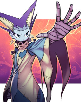 1girl absurdres bad_tag bandaged_hand bandages blue_eyes bolt_(hardware) bolt_in_neck closed_mouth commentary earrings hells hells_angels helmet highres jewelry lightning_bolt_earrings lightning_bolt_symbol mixed-language_commentary neck_bolt purple_hair silverchariotx solo steela_(hells_angels) stitched_clothes stitched_forehead