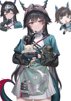 1girl absurdres aqua_jacket arknights arknights:_endfield black_gloves black_hair blue_horns blush chen_qianyu_(arknights) closed_mouth commentary cowboy_shot dragon_girl dragon_horns dragon_tail dress eastern_dragon_horns eastern_dragon_tail endministrator_(arknights) english_commentary female_endministrator_(arknights) gloves highres holding holding_stuffed_toy horns jacket long_hair looking_at_viewer molyb multiple_views open_mouth perlica_(arknights) simple_background smile stuffed_animal stuffed_toy tail twintails upper_body white_background white_dress