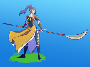 Rule 34 | 1girl, armor, blue hair, fire emblem, fire emblem fates, fsnowzombie, high ponytail, holding, holding polearm, holding weapon, japanese armor, japanese clothes, long hair, naginata, nintendo, oboro (fire emblem), polearm, ponytail, solo, weapon