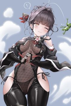 ! 1girl absurdres bare_shoulders black_panties black_unitard blunt_bangs blush bodystocking breast_curtains breasts bridal_gauntlets brown_hair cleavage closed_mouth clothing_cutout commentary_request covered_navel cowboy_shot fishnet_armwear fishnet_top fishnets frog goddess_of_victory:_nikke groin hair_intakes hair_ornament hair_stick hairpin highres hip_vent japanese_clothes kuji-in large_breasts looking_up official_alternate_costume one_eye_closed panties panty_peek piyopiyomaru_(piyo8823) red_eyes sakura_(midnight_stealth)_(nikke) sakura_(nikke) see-through_clothes see-through_cleavage shoulder_cutout side-tie_panties spoken_exclamation_mark standing string_panties summoning sweat underwear wide_sleeves yellow_eyes