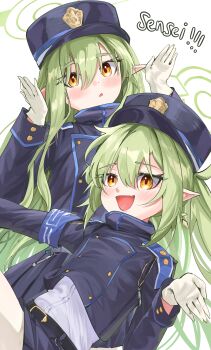 2girls :d absurdres armband black_hat black_jacket blue_archive blue_armband buttons commentary cowboy_shot double-breasted earrings english_commentary eyelashes fang freshbeef gloves green_hair green_halo hair_between_eyes halo hands_up hat highres hikari_(blue_archive) jacket jewelry long_hair long_sleeves looking_at_viewer making_faces multiple_girls nozomi_(blue_archive) open_hand open_mouth orange_eyes pointy_ears romaji_text shirt siblings sidelocks simple_background sisters skin_fang smile twins very_long_hair white_background white_gloves white_shirt yellow_eyes