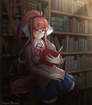 1girl ahoge artist_name black_thighhighs blazer book bookshelf bow breasts collared_shirt doki_doki_literature_club doki_doki_literature_club_school_uniform glasses green_eyes hair_bow hair_intakes holding holding_book indoors jacket ladder library light_rays long_hair looking_at_viewer medium_breasts monika_(doki_doki_literature_club) ponytail ribbon school_uniform shirt skirt storm_blaze sweater thighhighs very_long_hair zettai_ryouiki