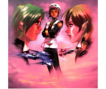 Rule 34 | 1990s (style), 1boy, 2girls, alien, cloud, cloudy sky, emblem, face-to-face, fleet, flying, green hair, hat, highres, insignia, macross, macross m3, maximilian jenius, meltrandi, miclone, mikimoto haruhiko, military hat, military rank insignia, military uniform, millia jenius, moaramia jenius, multiple girls, official art, painting (medium), pointy ears, promotional art, retro artstyle, scan, science fiction, sky, soldier, traditional media, u.n. spacy, variable fighter, vf-14, vf-9, zentradi