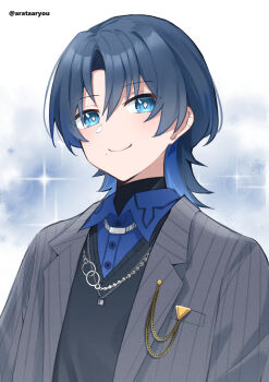 Rule 34 | 1girl, absurdres, arata ryou, black sweater, blue eyes, blue hair, blue shirt, closed mouth, collared shirt, grey jacket, highres, hiodoshi ao, hiodoshi ao (1st costume), hololive, hololive dev is, jacket, jewelry, looking at viewer, medium hair, necklace, pinstripe jacket, pinstripe pattern, shirt, smile, solo, suit jacket, sweater, v-neck, virtual youtuber