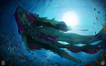 1girl animal_feet artist_logo artist_name colored_skin commentary dated english_commentary futanari highres logo monster_girl original solo tail themaestronoob underwater very_long_tail water webbed_hands