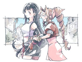 2girls aerith_gainsborough bare_shoulders belt black_hair black_skirt black_sleeves blush bracelet braid braided_ponytail breasts brown_hair closed_mouth cowboy_shot crop_top cropped_jacket cropped_legs detached_sleeves dress earrings elbow_pads final_fantasy final_fantasy_vii fingerless_gloves from_side gloves green_eyes hair_ribbon hand_on_own_hip holding_another&#039;s_arm jacket jewelry long_hair looking_at_another low-tied_long_hair medium_breasts michibata_65 midriff miniskirt multiple_girls open_mouth outdoors parted_bangs pink_dress pink_ribbon ponytail profile red_eyes red_gloves red_jacket ribbon short_sleeves single_earring single_elbow_pad skirt small_breasts smile suspender_skirt suspenders tank_top teardrop_earrings tifa_lockhart white_tank_top