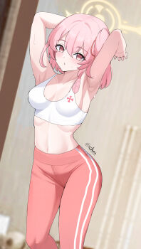 1girl absurdres alternate_costume armpits arms_up artist_name blue_archive blurry blurry_background blush breasts commission exercising feather_hair feet_out_of_frame halo highres kurochomo leggings looking_at_viewer medium_breasts medium_hair midriff navel pink_eyes pink_hair pink_leggings pixiv_commission serina_(blue_archive) side_ponytail solo sports_bra sweat thighs white_sports_bra yellow_halo