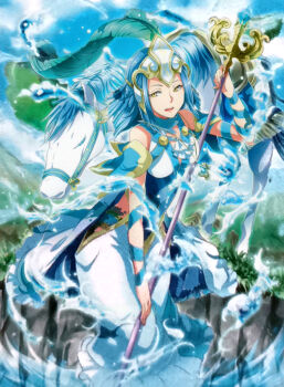 Rule 34 | 1girl, 1other, absurdres, alternate costume, arete (fire emblem), blue hair, breasts, fire emblem, fire emblem cipher, fire emblem fates, fuyuzora minori, highres, holding, holding staff, horse, looking to the side, medium breasts, nintendo, official alternate costume, official art, open mouth, staff, third-party source, water, yellow eyes