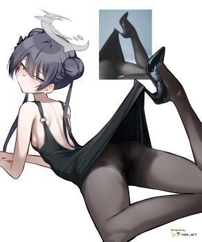 1girl absurdres alternate_costume arched_back artist_name ass black_dress black_pantyhose black_shoes blue_archive braid braided_bun clothes_pull double_bun dress feet_up from_behind grey_eyes grey_halo hair_bun halo high-waist_pantyhose high_heels highres hooked_on_heel kisaki_(blue_archive) lace_pantyhose_hooked_on_heel_(meme) looking_at_viewer lying meme nisp_art on_stomach pantyhose pantyhose_tug patent_heels pumps reference_inset shoes solo stiletto_heels