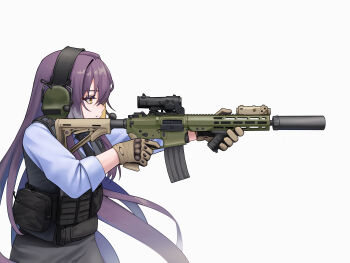 1girl absurdres aiming ammunition_pouch angled_foregrip ar-15 assault_rifle black_necktie blue_shirt breasts brown_gloves bulletproof_vest carabiner closed_mouth collared_shirt commentary commission cowboy_shot ear_protection elcan_scope english_commentary from_side gloves grey_pants gun hair_between_eyes hair_intakes headset highres holding holding_gun holding_weapon klamol laser_sight load_bearing_vest long_hair long_sleeves magazine_(weapon) medium_breasts necktie oakley_gloves optical_sight original pants pouch purple_hair rifle shirt simple_background sleeves_rolled_up solo suppressor tactical_clothes very_long_hair weapon white_background yellow_eyes