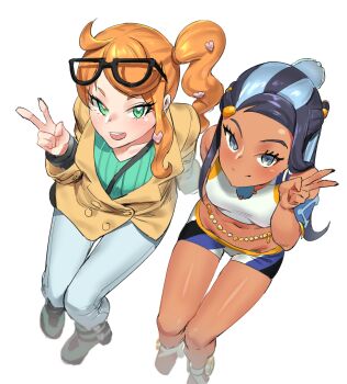 Rule 34 | 2girls, absurdres, aqua boots, aqua eyes, aqua shirt, armlet, belly chain, black-framed eyewear, black hair, blue eyes, blue eyeshadow, blue hair, boots, breasts, brown coat, coat, collarbone, commentary request, crop top, dark-skinned female, dark skin, denim, earrings, eyeshadow, eyewear on head, from above, hair bun, hair ornament, hand up, heart, heart hair ornament, highres, hoop earrings, jeans, jewelry, korean commentary, long hair, makeup, multicolored hair, multiple girls, nessa (pokemon), nintendo, open mouth, orange hair, pants, pokemon, pokemon swsh, ribbed shirt, shirt, shorts, side ponytail, side ponytail with hair base, single hair bun, smile, sonia (pokemon), swept bangs, two-tone hair, urrrt, v, v-neck