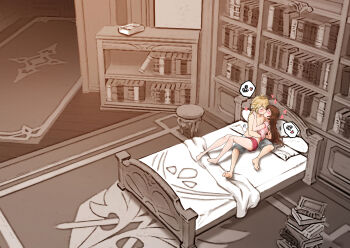 1boy 1girl aether_(genshin_impact) affectionate amber_(genshin_impact) bed bed_sheet bedroom blonde_hair book book_stack bookshelf brown_hair genshin_impact happy_sex hetero highres indoors kiss large_variant_set pillow royboy sex stool variant_set
