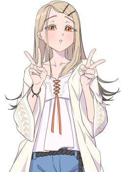 1girl :o blonde_hair blush bracelet camisole collarbone colored_eyelashes colored_tips commentary cross-laced_clothes denim double_v earrings friendship_bracelet gakuen_idolmaster hair_behind_ear hair_ornament hairclip highres idolmaster jacket jewelry long_hair long_sleeves looking_at_viewer mefomefo multicolored_hair orange_eyes parted_bangs parted_lips raised_inner_eyebrows rope_belt shinosawa_hiro simple_background solo stud_earrings tareme upper_body v white_background wide_sleeves