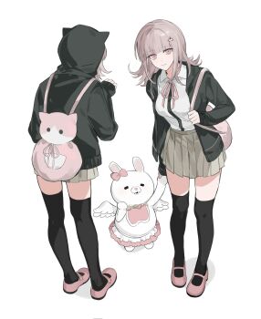 1girl animal_bag bag black_thighhighs breasts brown_hair brown_skirt cat_bag collared_shirt commentary danganronpa_(series) danganronpa_2:_goodbye_despair flipped_hair full_body hair_ornament highres holding holding_bag holding_hands hood hope&#039;s_peak_academy_school_uniform jacket leaning_forward long_sleeves looking_at_viewer medium_hair monomi_(danganronpa) multiple_views nanami_chiaki neck_ribbon open_clothes open_jacket pink_bag pink_eyes pink_ribbon pleated_skirt quanyou_1103 ribbon school_uniform shirt skirt smile standing thighhighs two-tone_shirt white_background white_shirt