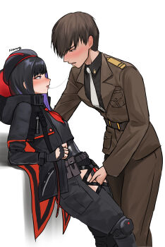1boy 1girl absurdres after_kiss black_gloves black_hair black_shirt blush cloak colored_inner_hair commander_(nikke) eunhwa_(nikke) fingering fingering_through_clothes fingerless_gloves gloves goddess_of_victory:_nikke hetero highres hood hooded_cloak long_hair looking_at_another military_uniform mole mole_under_mouth multicolored_hair neckerchief noorung purple_hair red_neckerchief saliva saliva_trail shirt through_clothes two-tone_hair white_background