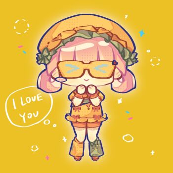 &gt;_&lt; 1girl asymmetrical_legwear blunt_bangs blush_stickers bow bow_legwear bubble chibi chinese_commentary closed_mouth commentary_request english_text frilled_headwear green_bow green_leg_warmers hair_rings halftone hands_on_own_chin happy haroi hat hat_bow heart infinity_nikki leg_warmers light_blush loafers mismatched_legwear mob_cap nikki_(nikki) nikki_(series) orange_hat orange_leg_warmers orange_shirt orange_shoes orange_shorts orange_wrist_cuffs own_hands_together pink_hair print_leg_warmers puffy_short_sleeves puffy_sleeves red_bow shirt shoes short_hair short_sleeves shorts simple_background single_blush_sticker smile solo sparkle speech_bubble standing star_(symbol) star_print straight-on sunglasses thought_bubble tinted_eyewear wrist_cuffs yellow-tinted_eyewear yellow_background