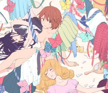 1boy 2girls ahoge aiba_kaito arm_strap black_hair black_serafuku black_shirt black_skirt blonde_hair blue_necktie blue_skirt bow breasts broken_mirror brown_eyes brown_hair cake closed_eyes closed_mouth collared_shirt commentary_request dress dress_shirt food hand_mirror high_heel_sandals high_heels himegoto_-_juukyuusai_no_seifuku ichihara_yuki long_hair looking_at_viewer lying minenami_ryou mirror mole mole_under_mouth multiple_girls nagao_mikako neckerchief necktie nude official_art on_back on_side pink_bow pink_dress pleated_skirt sandals school_uniform scissors serafuku shirt short_hair sitting skirt smile trap unworn_bow unworn_clothes unworn_sandals white_neckerchief white_shirt yellow_bow