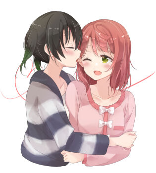 2girls airmilk310 black_hair blush bow choppy_bangs closed_eyes collarbone commentary_request couple cropped_torso ear_licking green_eyes licking long_sleeves love_live! love_live!_nijigasaki_high_school_idol_club medium_hair multiple_girls one_eye_closed open_clothes open_mouth open_shirt orange_hair pink_shirt shirt shirt_bow short_hair short_twintails simple_background smile striped_clothes striped_shirt takasaki_yu tongue tongue_out twintails uehara_ayumu white_background white_bow yuri