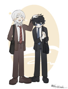 2boys :d akinashi_haru arm_behind_back black_hair black_jacket black_pants black_suit blackseek blue_necktie brown_cardigan cardigan chinese_commentary closed_eyes commentary_request formal_clothes full_body happy headpat highres jacket looking_down male_focus multiple_boys necktie open_mouth pants red_necktie saihate_eki smile standing suit tatsunami_shion white_hair