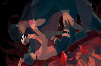 2boys belt black_coat black_shorts black_thighhighs black_vest blue_eyes book boy_on_top brooch coat elbow_rest feet_out_of_frame frills hand_on_another&#039;s_knee height_difference highres holding holding_mask jewelry kim_dokja looking_at_another lying male_focus mask multiple_boys oldest_dream omniscient_reader&#039;s_viewpoint on_back open_book pinned rose_pin scar scar_across_eye scar_on_face secretive_plotter shirt shorts sideways stuffed_animal stuffed_toy thigh_belt thigh_strap thighhighs twle vest white_shirt yellow_eyes yoo_joonghyuk