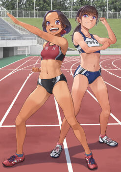 2girls :d black_hair breasts buruma day fang henshin_pose highres kamen_rider midriff multiple_girls open_mouth original otsu_natsu outdoors pink_eyes ponytail purple_eyes running_track small_breasts smile tan tanline track_and_field track_uniform