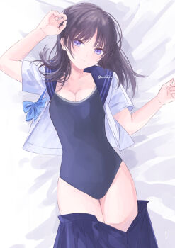 Rule 34 | 1girl, absurdres, black hair, blue bow, blue eyes, blue one-piece swimsuit, blue skirt, blush, bow, breasts, cleavage, closed mouth, collarbone, commentary request, highres, hondahiro, long hair, looking at viewer, lying, medium breasts, on back, one-piece swimsuit, open clothes, open shirt, original, sailor collar, school swimsuit, school uniform, shirt, short sleeves, skirt, skirt partially removed, solo, swimsuit, white sailor collar, white shirt