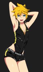 1boy animated armpits arms_behind_head audible_music black_background blonde_hair blue_eyes blush c3_piyo dancing happy headphones kagamine_len me!me!me! meme outstretched_arms pants pectoral_cleavage pectorals short_hair shorts shota simple_background sound spread_arms trap ugoira video vocaloid