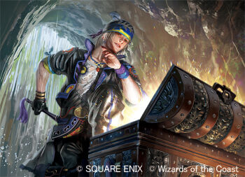 Rule 34 | 1boy, akagi shunsuke (und), belt buckle, black gloves, black jacket, black pants, buckle, cave, cowboy shot, final fantasy, final fantasy vi, from below, gloves, glowing, grey hair, headscarf, jacket, jewelry, locke cole, magic: the gathering, male focus, necklace, official art, pants, parted bangs, parted lips, print shirt, ribbon, sash, shirt, short hair, single glove, smile, solo, square enix, treasure, treasure chest, waist sash, water, waterfall, white shirt, wrist ribbon