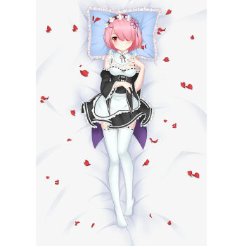 1girl black_dress black_ribbon breasts cleavage closed_mouth commentary_request dakimakura_(medium) dress erspace frilled_pillow frills hair_ribbon lying on_back petals pillow pink_hair ram_(re:zero) re:zero_kara_hajimeru_isekai_seikatsu red_eyes ribbon short_hair smile solo thighhighs white_thighhighs