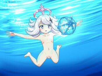 1girl absurdres air_bubble album_art album_cover album_cover_redraw barefoot blowing_bubbles blue_eyes blush breasts bright_pupils bubble censored collarbone completely_nude cover derivative_work fish_hook fishing_rod flat_chest genshin_impact grey_background hair_ornament halo highres loli mlplottery navel nevermind nipples nirvana_(band) nude open_mouth paimon_(genshin_impact) short_hair small_breasts solo submerged swimming thigh_gap underwater white_hair white_pupils wide_hips