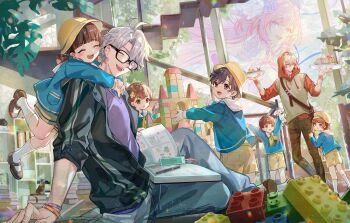 4boys 4girls alternate_costume arms_around_neck black_jacket blue_pants blue_shirt book book_on_lap book_stack bookmark brown_bag brown_pants brown_sweater_vest closed_eyes commentary cyrene_(honkai:_star_rail) cyrene_(ripples_of_past_reverie)_(honkai:_star_rail) english_commentary food glass happy hat highres hitokoto holding holding_tray honkai:_star_rail honkai_(series) hood hoodie hug hug_from_behind indoors jacket kindergarten_uniform looking_at_another mary_janes multiple_boys multiple_girls mydei_(honkai:_star_rail) open_book open_mouth pants pen phainon_(honkai:_star_rail) purple_sweater_vest red_hoodie sailor_collar school_hat shirt shoes shorts sitting socks stairs standing sweater_vest toy_block tray upper_body white_socks wind yellow_shorts