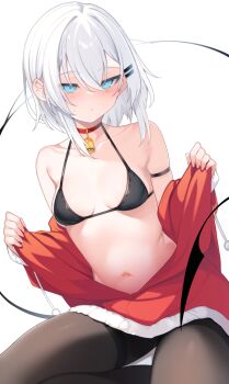1girl bell belt bikini black_belt black_bikini black_pantyhose blue_eyes breasts choker closed_mouth collarbone commentary_request dress hair_ornament hairclip highres long_sleeves looking_at_viewer navel neck_bell original otokuyou paid_reward_available pantyhose parallel_hairclips red_choker red_dress ringo-chan_(otokuyou) santa_costume santa_dress simple_background small_breasts solo swimsuit tsurime white_background white_hair