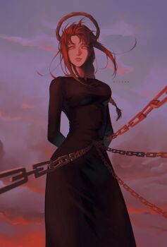 1girl absurdres arms_behind_back black_dress blood blood_halo braid braided_ponytail breasts chain chainsaw_man dress halo highres large_breasts liquid_halo long_dress long_hair looking_at_viewer makima_(chainsaw_man) medium_breasts medium_hair nthndn official_alternate_costume red_hair red_halo ringed_eyes sidelocks smile solo yellow_eyes