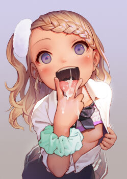 1girl absurdres after_fellatio blonde_hair blouse blue_eyes blush bow bowtie bra bra_lift braid braided_bangs breasts clothes_lift cum cum_in_mouth cum_on_tongue cunnilingus_gesture female_focus gradient_background gyaru highres loli long_hair looking_at_viewer muk_(monsieur) nipples one_breast_out open_clothes open_mouth open_shirt original school_uniform scrunchie shirt simple_background small_breasts solo striped_bow striped_bowtie striped_clothes teeth tongue tongue_out underwear upper_teeth_only uvula wavy_hair white_shirt wrist_scrunchie yonic_symbol