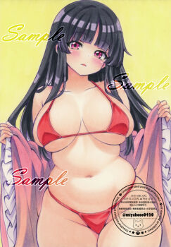 1girl alternate_costume bikini black_hair blush breasts collarbone commentary_request detached_sleeves frilled_sleeves frills halterneck houraisan_kaguya large_breasts long_hair looking_at_viewer miyakooo0420 navel open_mouth plump red_bikini red_eyes sample_watermark solo stomach swimsuit touhou traditional_media watermark wide_sleeves yellow_background