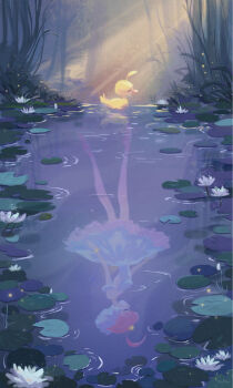 1girl ahiru_(duck)_(princess_tutu) ahiru_(princess_tutu) ahoge ballerina ballet bare_shoulders bird bracelet crown dress dual_persona duck en_pointe flower highres jewelry lily_(flower) lily_pad pink_hair princess_tutu princess_tutu_(character) sailorllamamoon short_hair tutu water