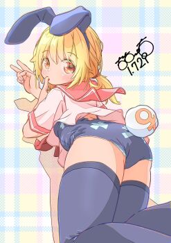 Rule 34 | 1girl, animal ears, ass, blonde hair, blue leotard, blue thighhighs, blush, dot nose, fake animal ears, fake tail, finger in own mouth, highres, leotard, looking at viewer, looking back, multicolored eyes, orange eyes, original, panties, panties under leotard, pantyshot, pink shirt, plaid background, ponytail, rabbit ears, rabbit tail, red eyes, red sailor collar, sailor collar, school uniform, serafuku, shirt, short hair, sidelocks, signature, simple background, tail, thighhighs, thighs, totomoto, underwear, v