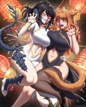 2girls :d animal_ears arm_around_waist asymmetrical_docking au_ra black_dress black_hair blue_scales blue_tail breast_press breasts brown_hair brown_tail brown_thighhighs cat_ears cat_girl cat_tail china_dress chinese_clothes chinese_new_year claw_pose clothing_cutout commentary commission dragon_girl dragon_horns dragon_tail dress dutch_angle english_commentary facial_mark final_fantasy final_fantasy_xiv foot_out_of_frame frenchthenhen grin hand_on_another's_waist hand_up highres horns lantern large_breasts long_hair miqo'te multiple_girls navel navel_cutout open_mouth original paper_lantern pelvic_curtain sapphira_nyx shoes side_slit sidelocks single_thighhigh smile tail thighhighs tsurime valerie_moorabella_(val_ffxiv) warrior_of_light_(ff14) whisker_markings white_dress white_shoes yellow_eyes